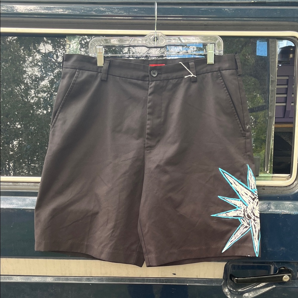 Izod Men's Flat Front Shorts with hand painted chain mace Design- Black and Blue